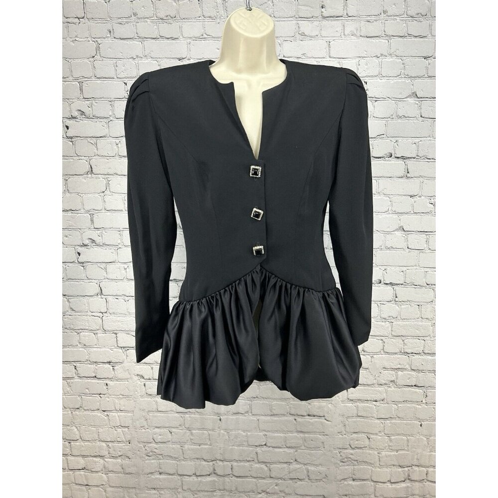 VTG CI New York Paris Black Rhinestone Button Shoulder Pad Long Sleeve Blouse 6